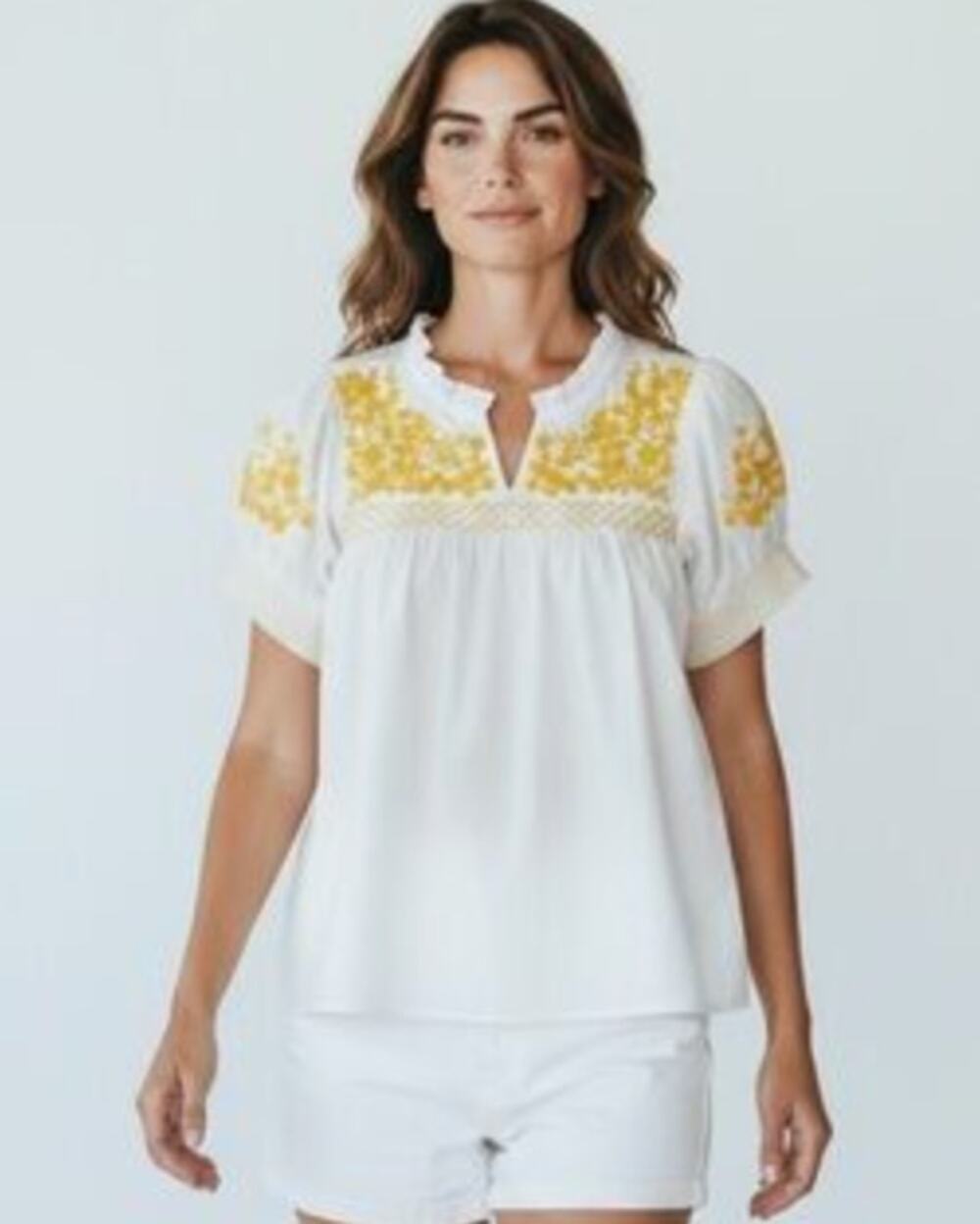 J. Crew Embroidered Cotton Poplin Puff Sleeve Top Yellow White Size XS